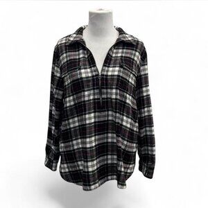 Chaps Heritage Tartan Plaid Flannel Quarter Zip Pullover Shirt Black Red XL